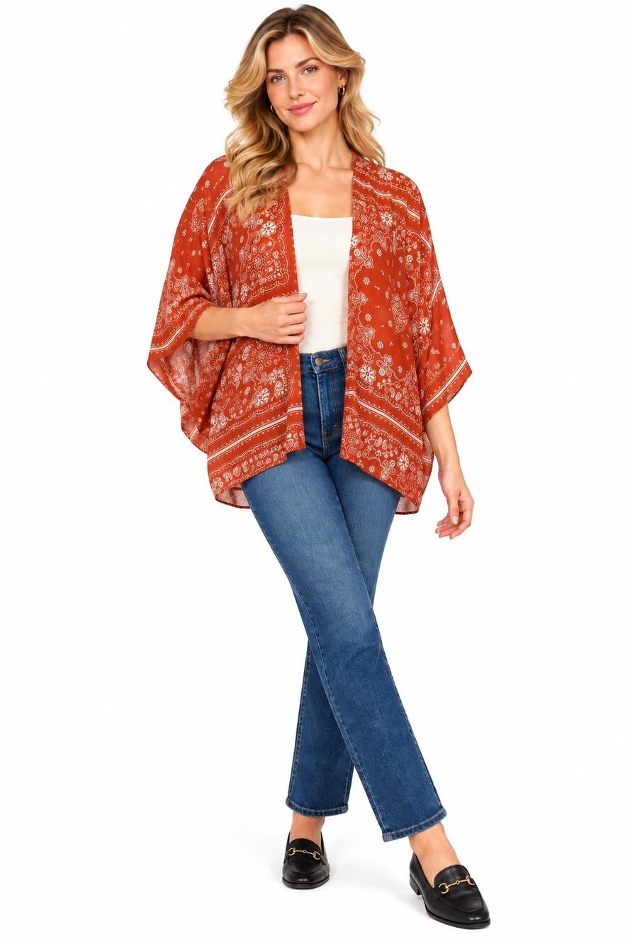 Janet Chung Burnt Orange Bandana Print Boho Open Front Lightweight Kimono Blouse